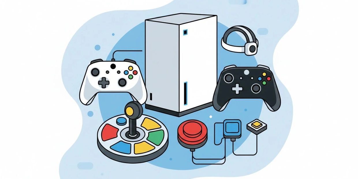 Illustration of gaming console and varied controllers including joystick and buttons.