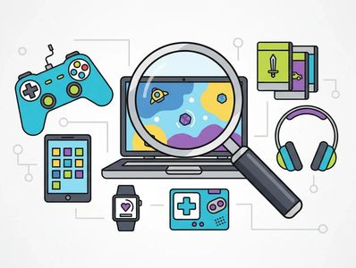 Illustration of gaming devices connected to a laptop with a magnifying glass.