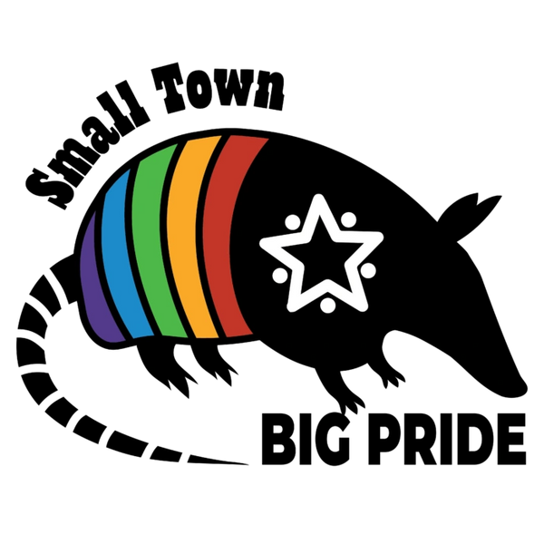 Silhouette of an Armadillow with five bands of pride colors. Small Town Big Pride