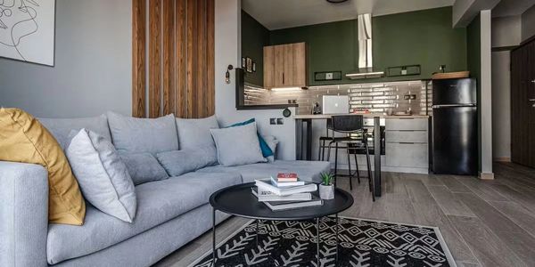 Cozy modern living room with gray sofa and open kitchen area.