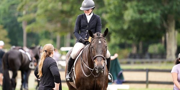 A rider on a horse smiling while talking to a woman beside the horse.