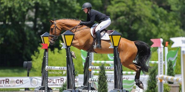 Equestrian rider and horse jumping over an obstacle in competition.