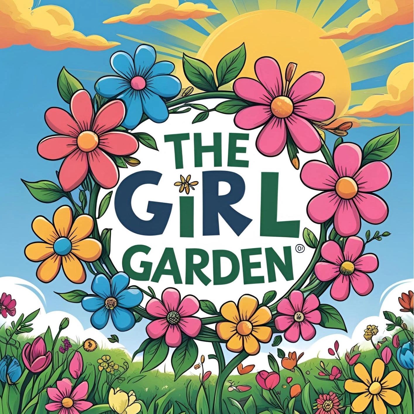 Colorful flower wreath with 'The Girl Garden' text and a bright sun in the background.