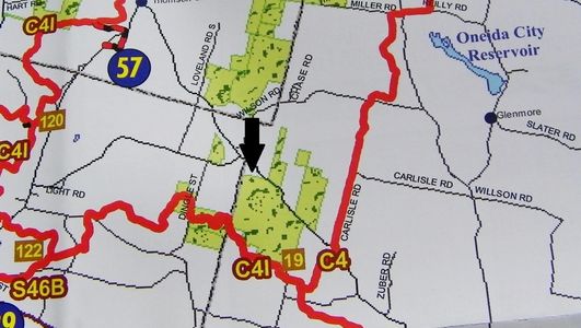 Map showing bunkhouse property location in relationship to groomed snowmobile trails