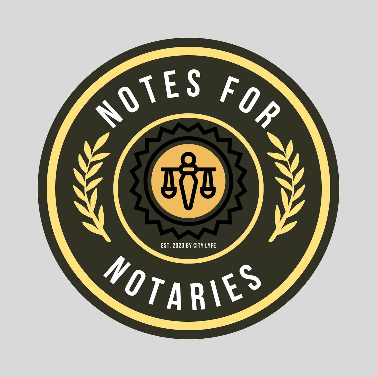 Circular logo with scales of justice and text.