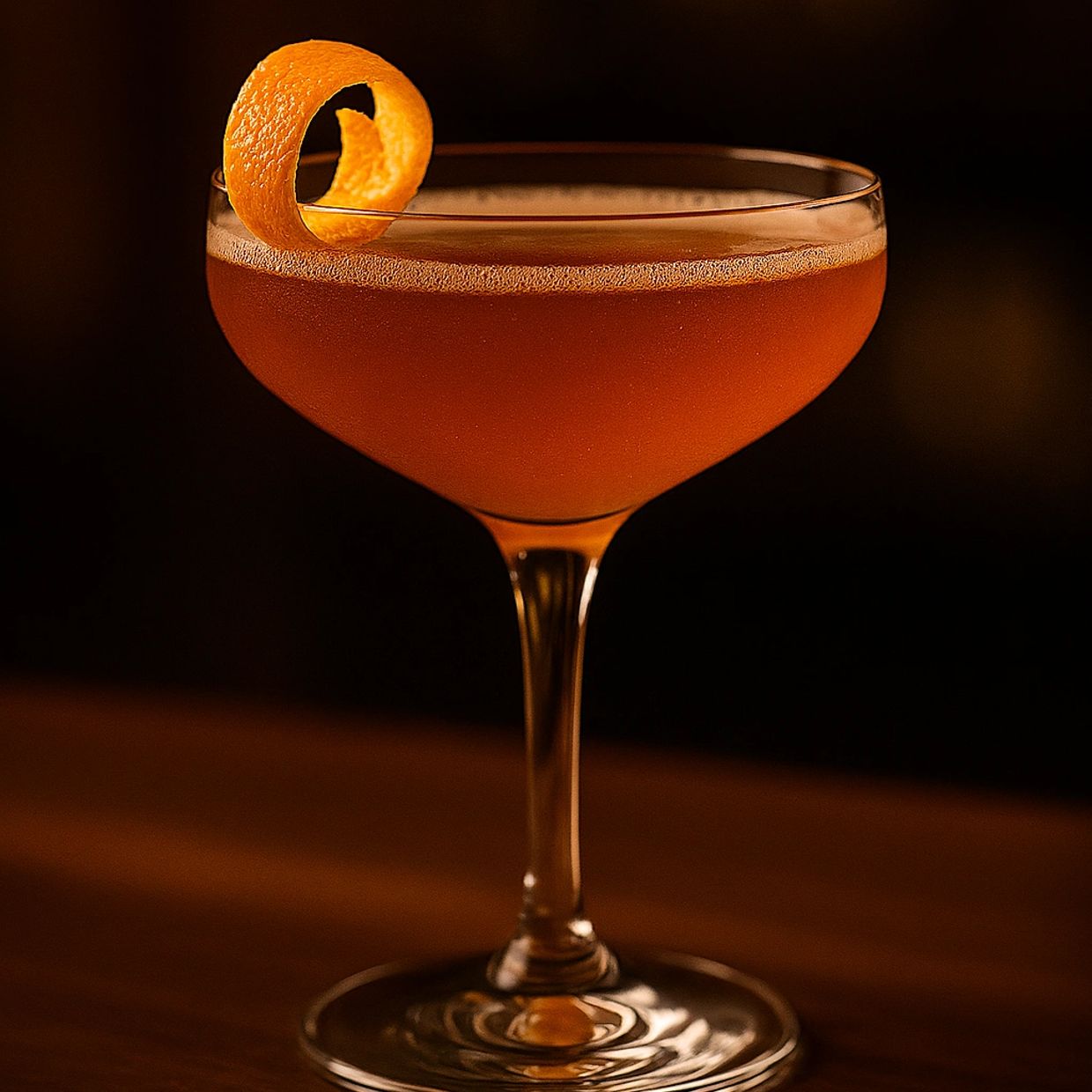 Elegant cocktail with an orange twist garnish in a coupe glass.