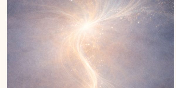Abstract light burst with swirling energy patterns on soft purple background.