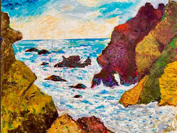 Bold seascape painting of a rocky coastline with crashing waves and vibrant colors