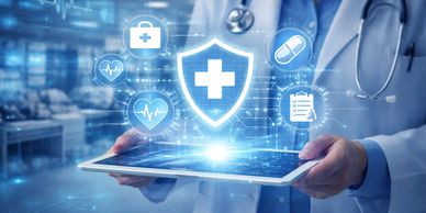 Doctor holding tablet with digital health icons.