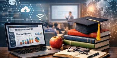 Graduation cap on books with a laptop showing ERP software and an apple.