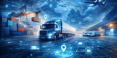 Digital logistics with trucks and cargo containers.