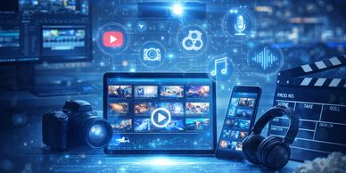 Digital multimedia devices with media icons.