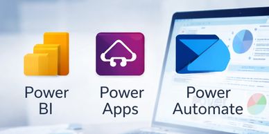 Icons of Power BI, Power Apps, and Power Automate with a laptop screen in the background.