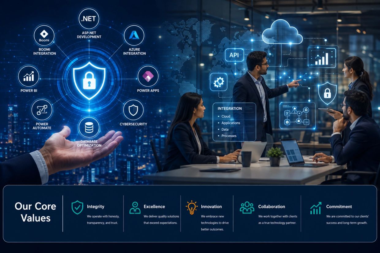 Business team discussing cybersecurity and technology integration concepts.