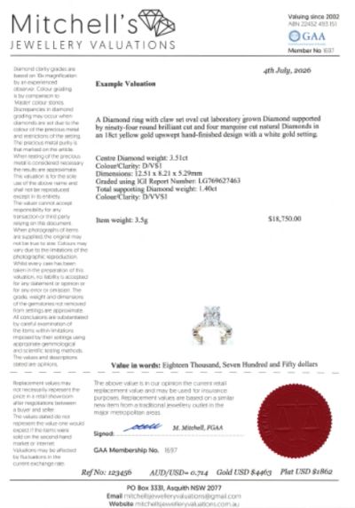 Diamond ring valuation certificate with detailed description and price.