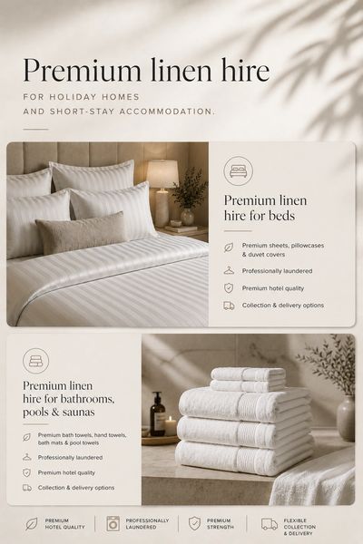 Advertisement for premium linen hire with hotel-quality sheets and towels.