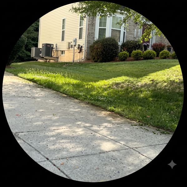 Side view of a house with lawn and sidewalk in sunlight.