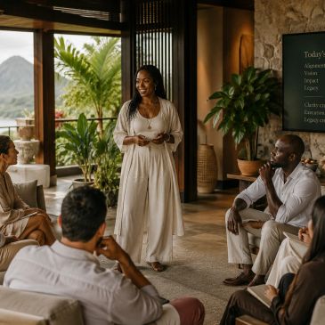 Xayla Trinity Facilitator, leading a workshop with an Executive Team in a tropical resort setting.