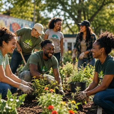 Group of community project volunteers gardening together outdoors.