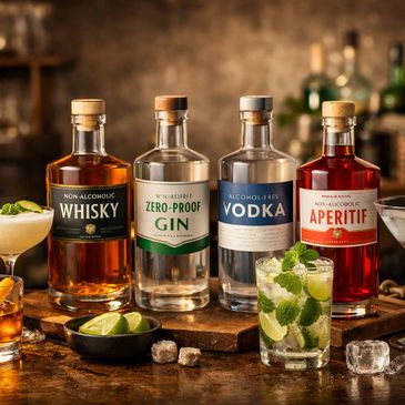 Assortment of non-alcoholic spirits and cocktails on a rustic wooden surface.