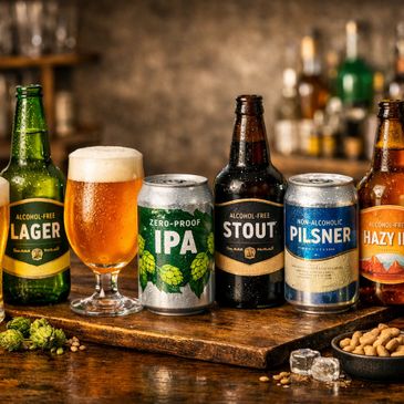 Variety of non-alcoholic beers and a filled beer glass on a wooden board.