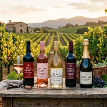 Five bottles of wine displayed on a wooden table in a vineyard at sunset.