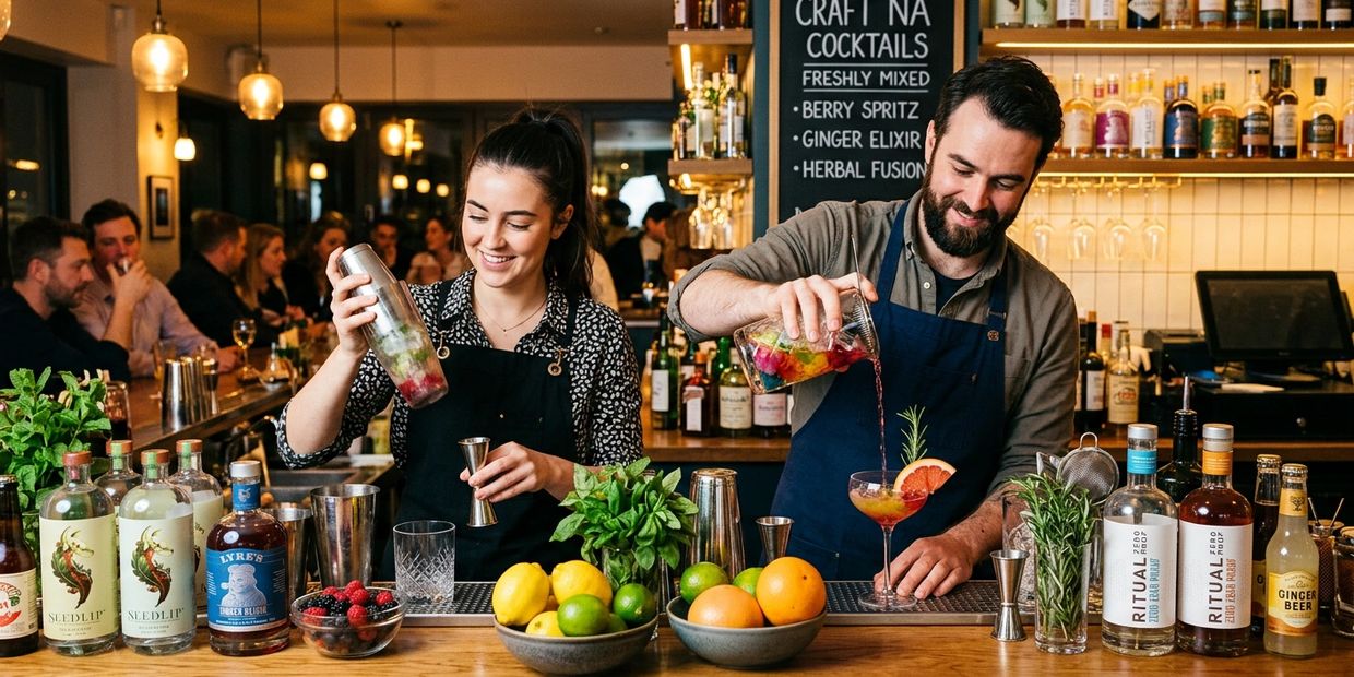Two bartenders preparing colorful cocktails in a lively bar setting.