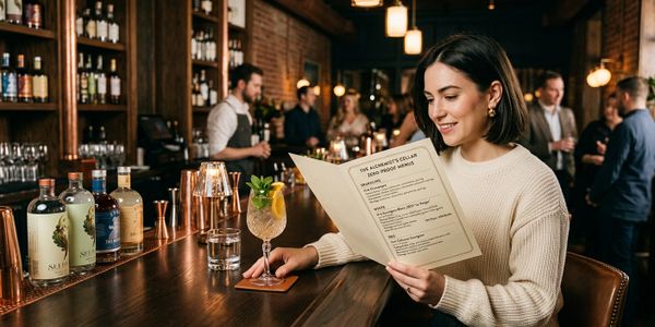 A woman reads a cocktail menu at a stylish bar with drinks and patrons in the background.