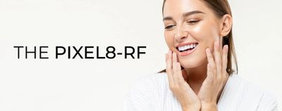 Smiling woman touching her face next to 'THE PIXEL8-RF' text.