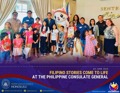 Group of Consul General, staff, children, and kumusta pusa.