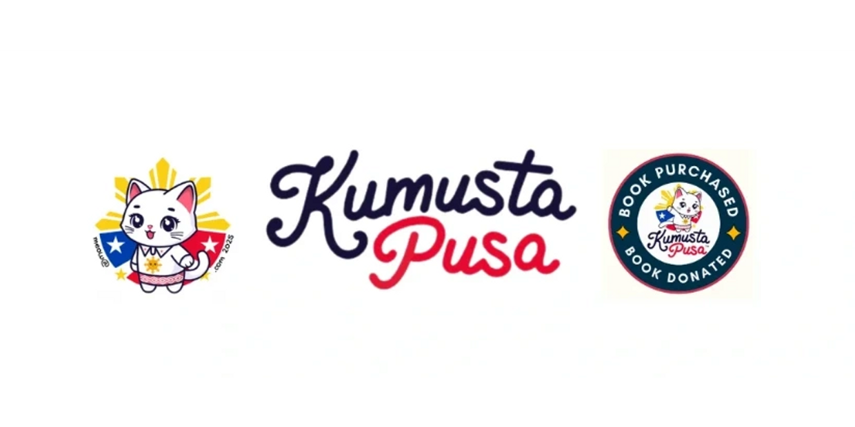 Kumusta Pusa Logo, Word Art, and Book Purchased, Book Donated graphic.