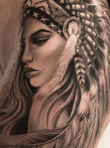 Indian native girl headdress feather Line Hammett tattoo artist Oslo norway