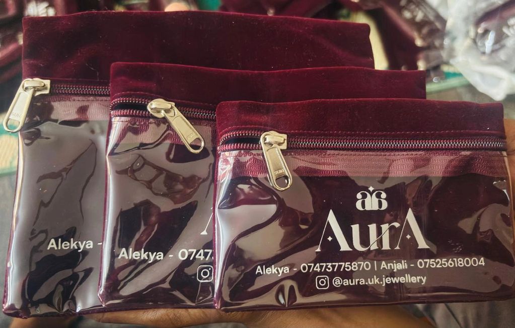 Luxury velvet designer pouch with transparent window delivered to the UK