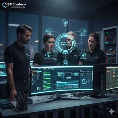 A group of people looking at a screen with a graphic showing Autotask Optimization