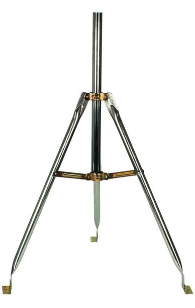 A metallic tripod antenna mount with three legs and a central pole, designed for roof installation