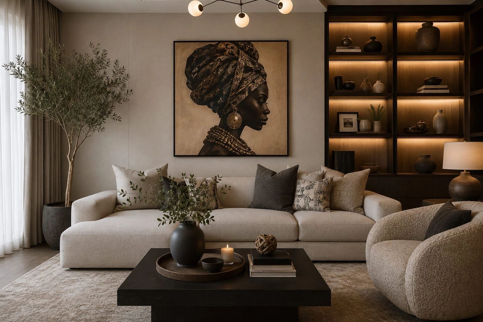 Elegant living room with neutral tones and African-inspired artwork above the sofa.