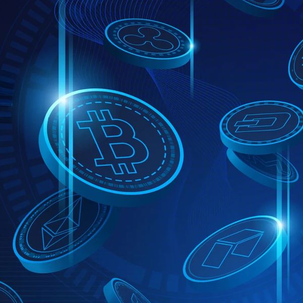 Digital coins representing various cryptocurrencies in blue neon style.