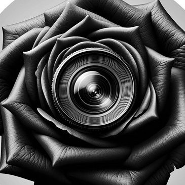 stemless black rose with a dslr camera lens in the middle
