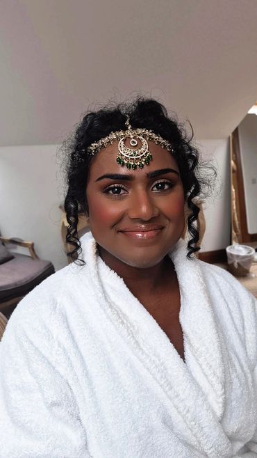 Hyperpigmentation bridal makeup correction | tight curly hair Maang Tikka bridal headpiece pinning 