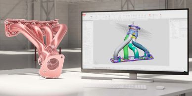 Modelo CAD de un colector de escape en pantalla y pieza impresa.