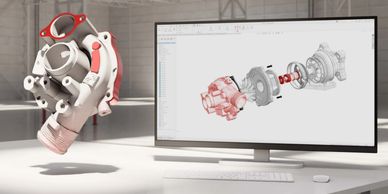 Diseño 3D de un componente mecánico junto a su modelo en pantalla.