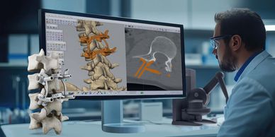 Médico analiza imagenes 3D de columna vertebral.