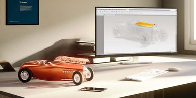 Auto clásico en miniatura con diseño digital en pantalla.