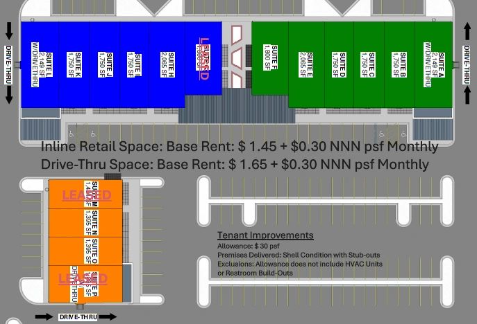 Site plan showing retail and drive-thru spaces with lease status and rent details.