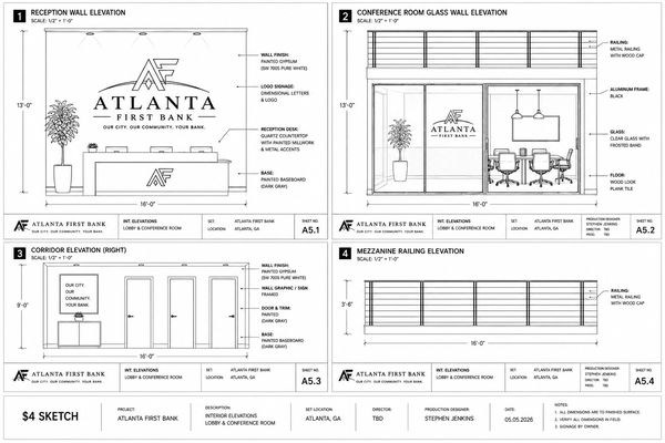 Architectural elevations for Atlanta First Bank's lobby and conference room.