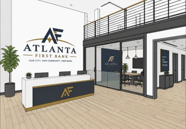 Modern reception area of Atlanta First Bank with sleek design and branding.