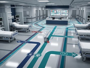 Futuristic hospital with arrowas on the floor