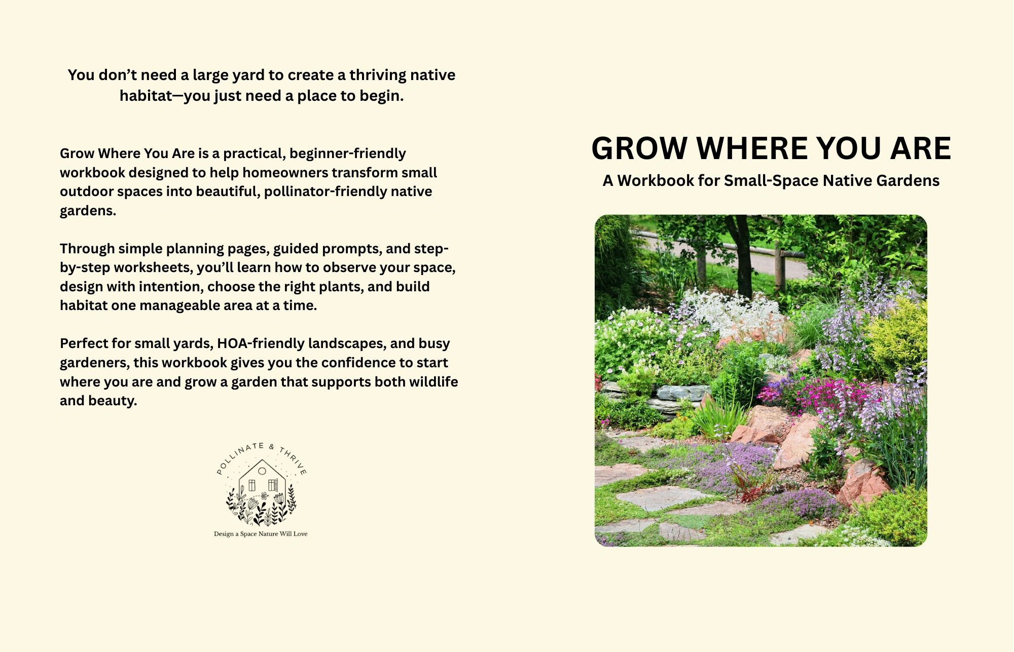 Workbook for creating small native gardens with pollinator-friendly plants and simple planning tools.