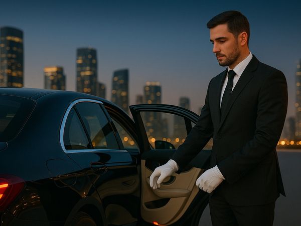Chauffeur in suit with white gloves opens luxury car door at dusk.