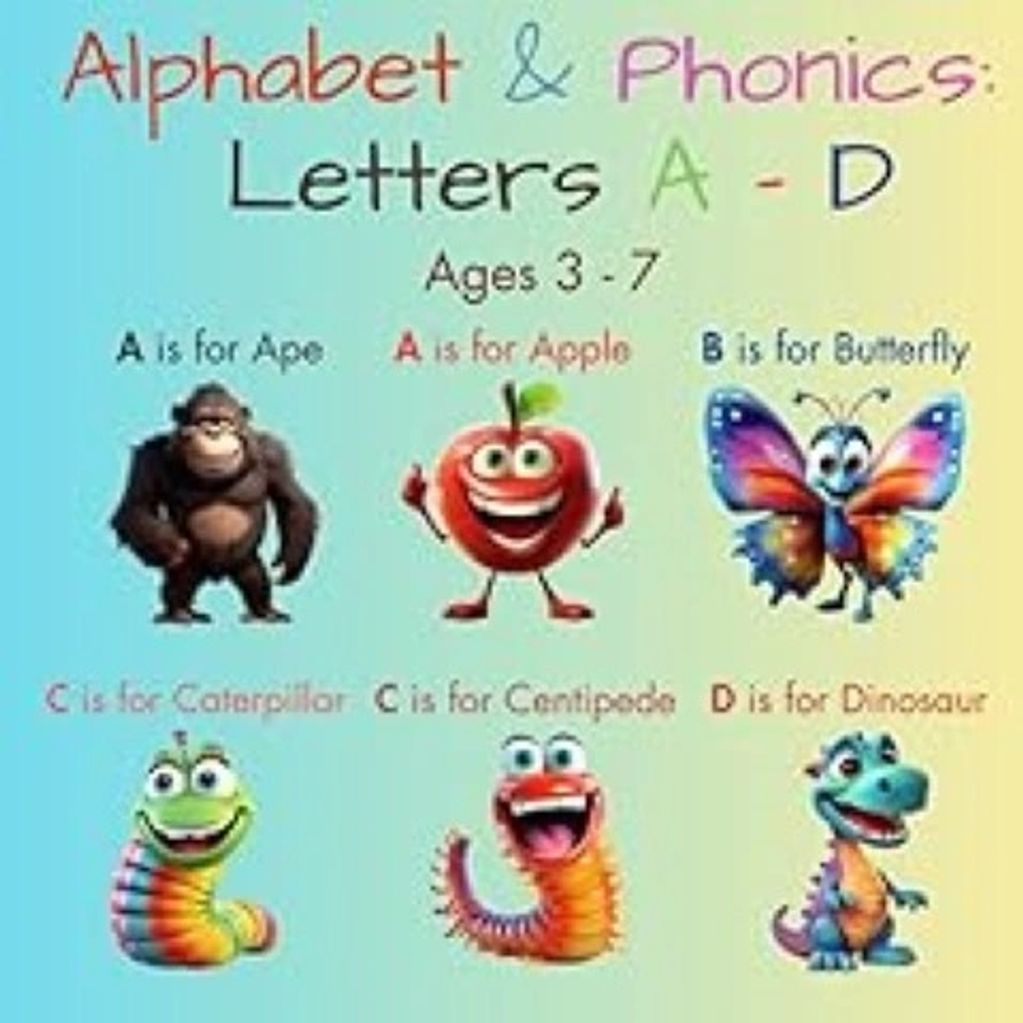 Children’s phonics book for letters A to D with tracing, letter recognition, and writing practice.